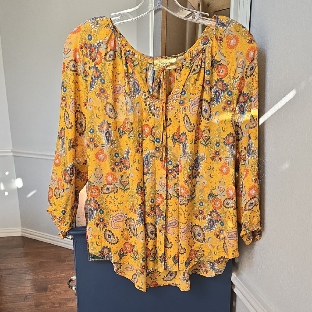 Vera Wang Vibrant Yellow Paisley Boho Blouse Sz LG